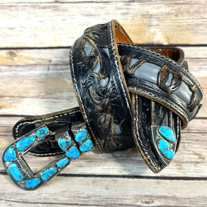 Vtg Angie C Zuni Sterling Silver & Turquoise Ranger Buckle Set Leather Belt